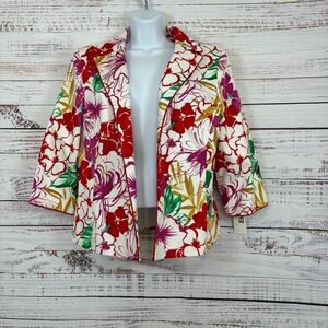 Kasper White Multi Floral Textured 3/4 Sleeve Lined Open